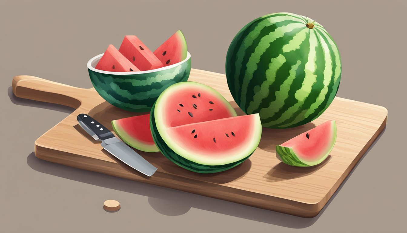 A mini watermelon on a cutting board, surrounded by a sharp knife, a clean kitchen towel, and a bowl to collect the pieces