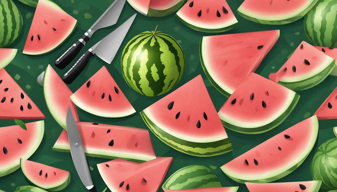 A cutting board with a whole watermelon, a large knife, and a smaller knife for detail work