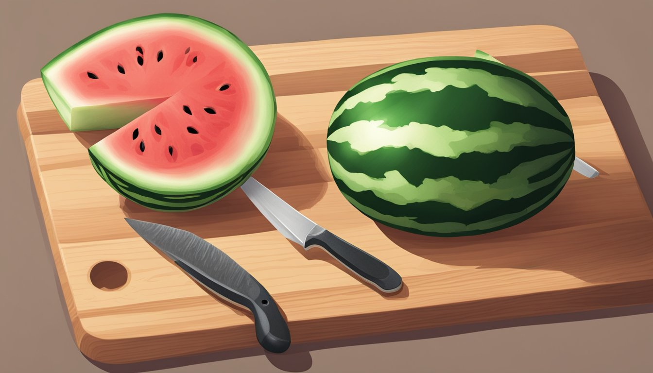 A mini watermelon on a cutting board with a sharp knife beside it, ready to be sliced into pieces