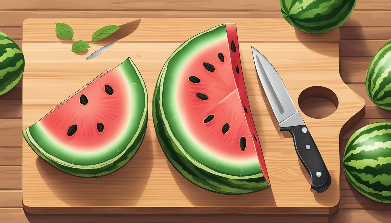 A mini watermelon being cut into wedges on a wooden cutting board with a knife nearby