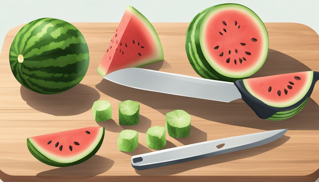 A mini watermelon is being cut into cubes and stored in a clear container on a wooden cutting board