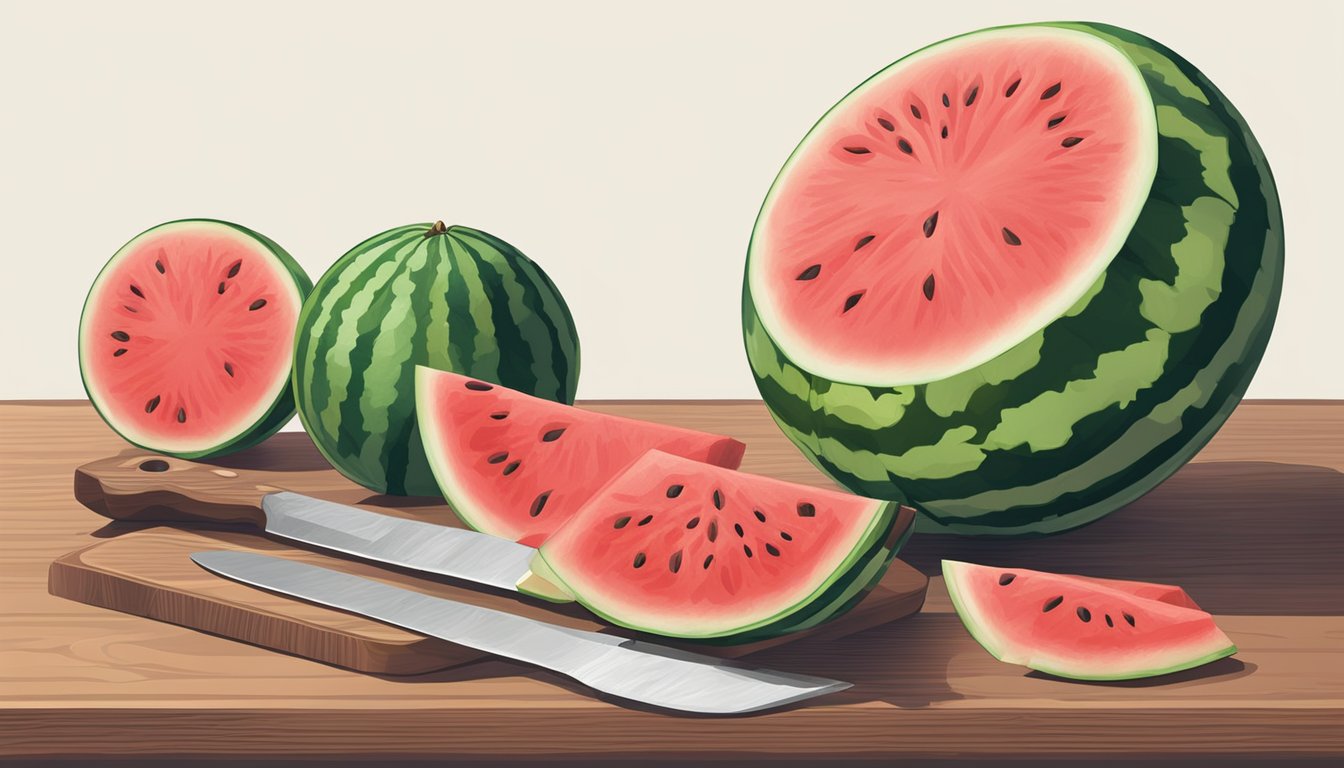 A watermelon sits on a cutting board next to a sharp knife. The watermelon is cut into perfectly even slices, ready to be served