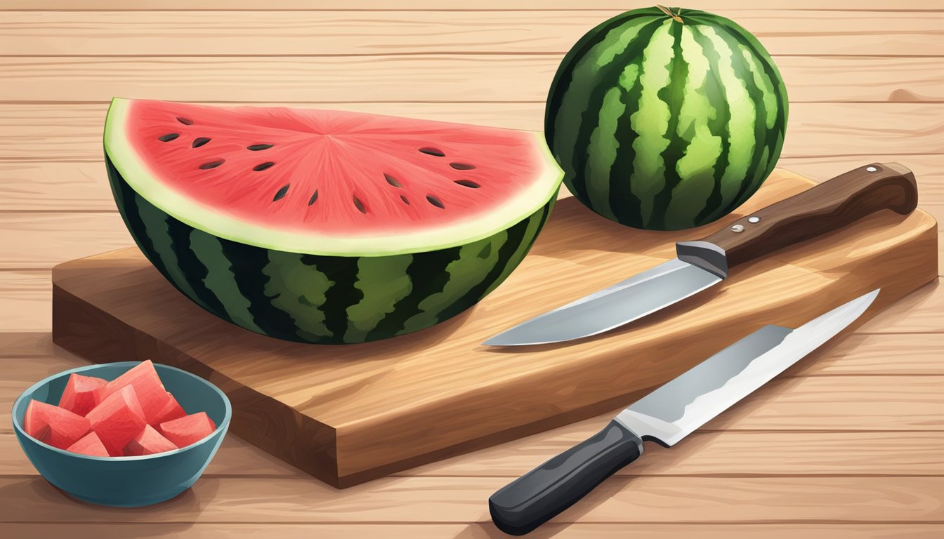 A watermelon being cut into chunks on a wooden cutting board, with a knife and serving platter nearby