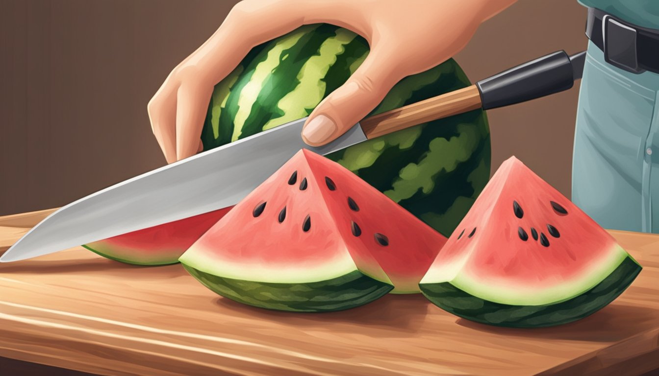 Watermelon being cut into long, thin sticks on a wooden cutting board