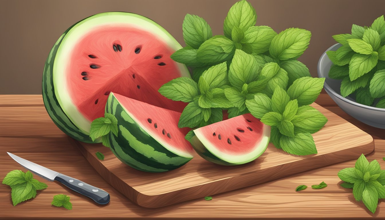 A ripe watermelon being sliced into sticks on a wooden cutting board, with a knife and a bowl of fresh mint leaves nearby