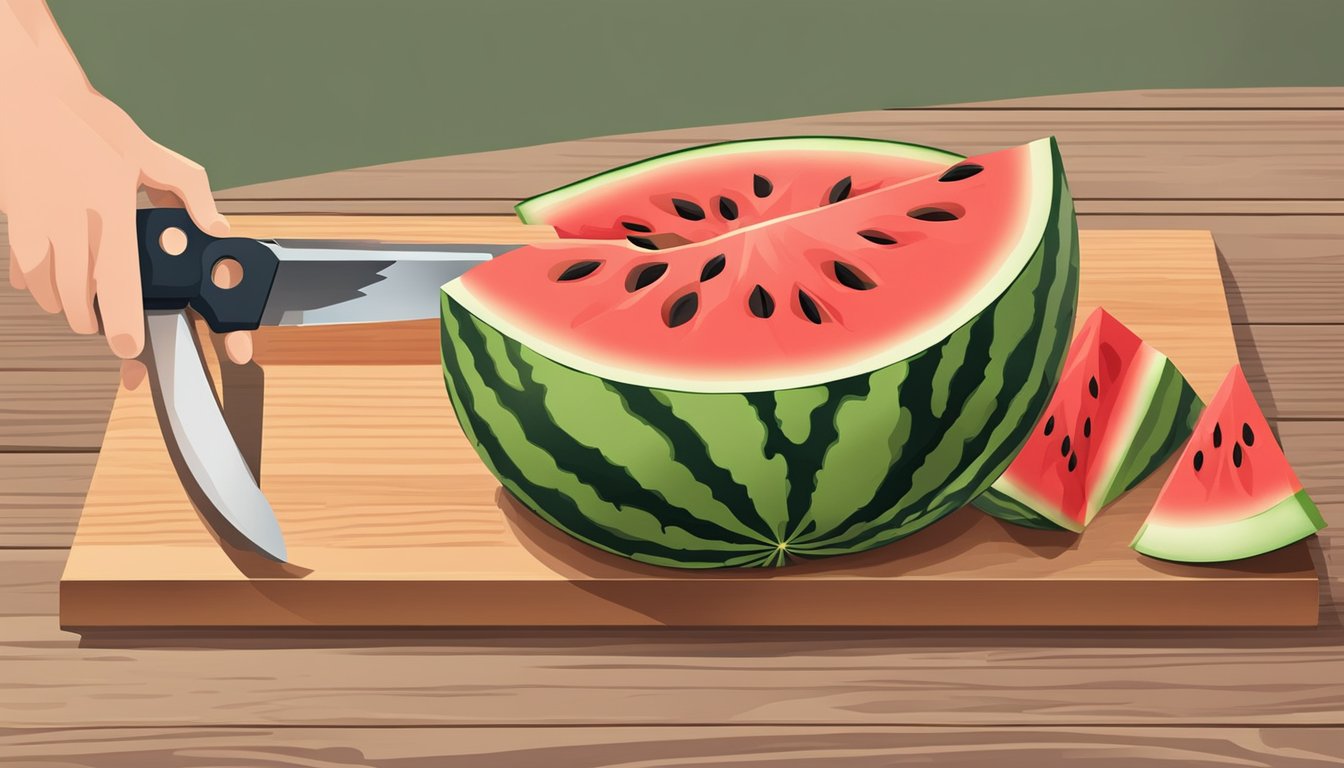 A watermelon being cut into chunks on a wooden cutting board with a sharp knife