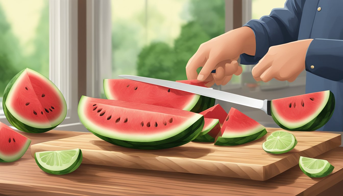 A ripe watermelon being sliced into wedges on a clean cutting board