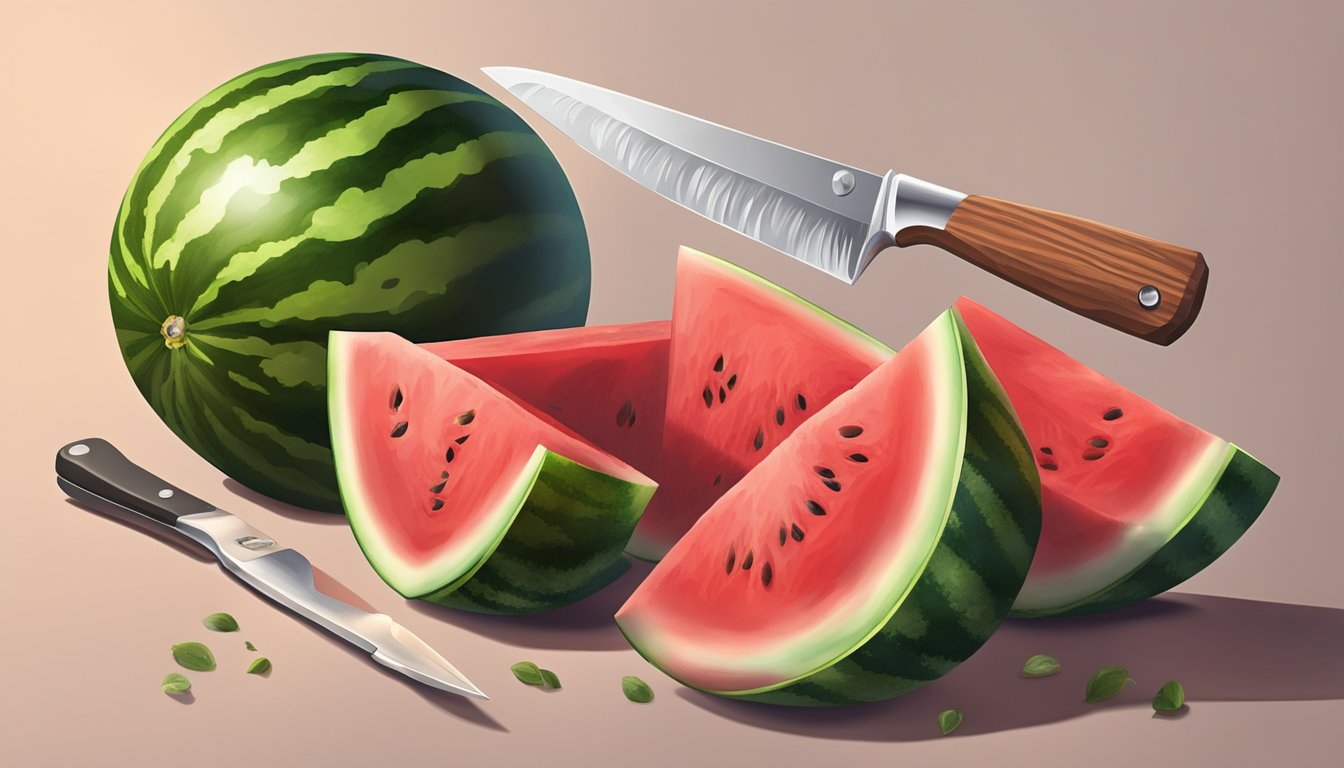 A sharp knife slicing through a ripe, seedless watermelon on a clean cutting board, with small pieces of the fruit nearby