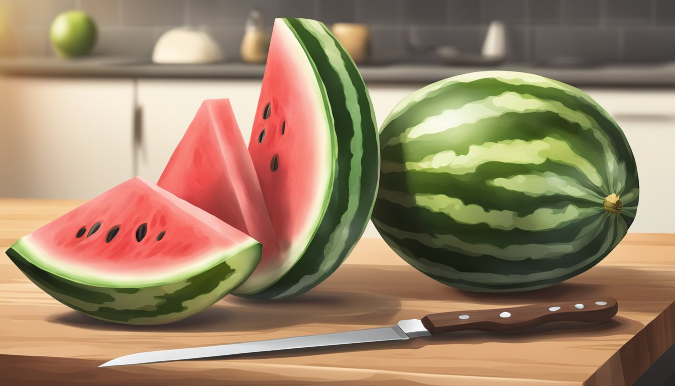 A watermelon placed on a cutting board with a sharp knife nearby