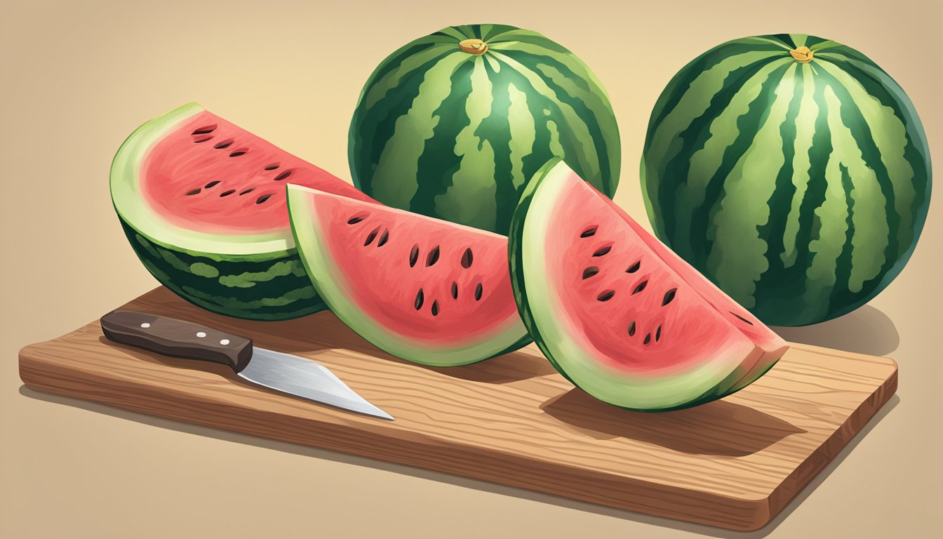 A seedless watermelon being sliced into wedges on a wooden cutting board, with a knife beside it