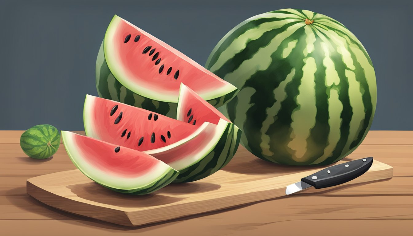 A knife slicing through a ripe seedless watermelon, with neatly cut pieces arranged on a cutting board. A bowl and storage container nearby