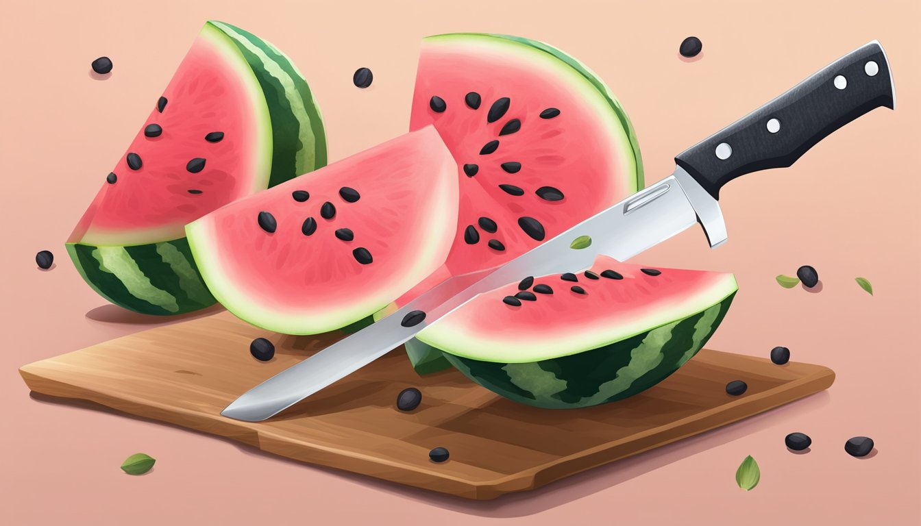 A knife slicing through a ripe seedless watermelon, revealing the juicy pink flesh inside, with a few seeds scattered on the cutting board