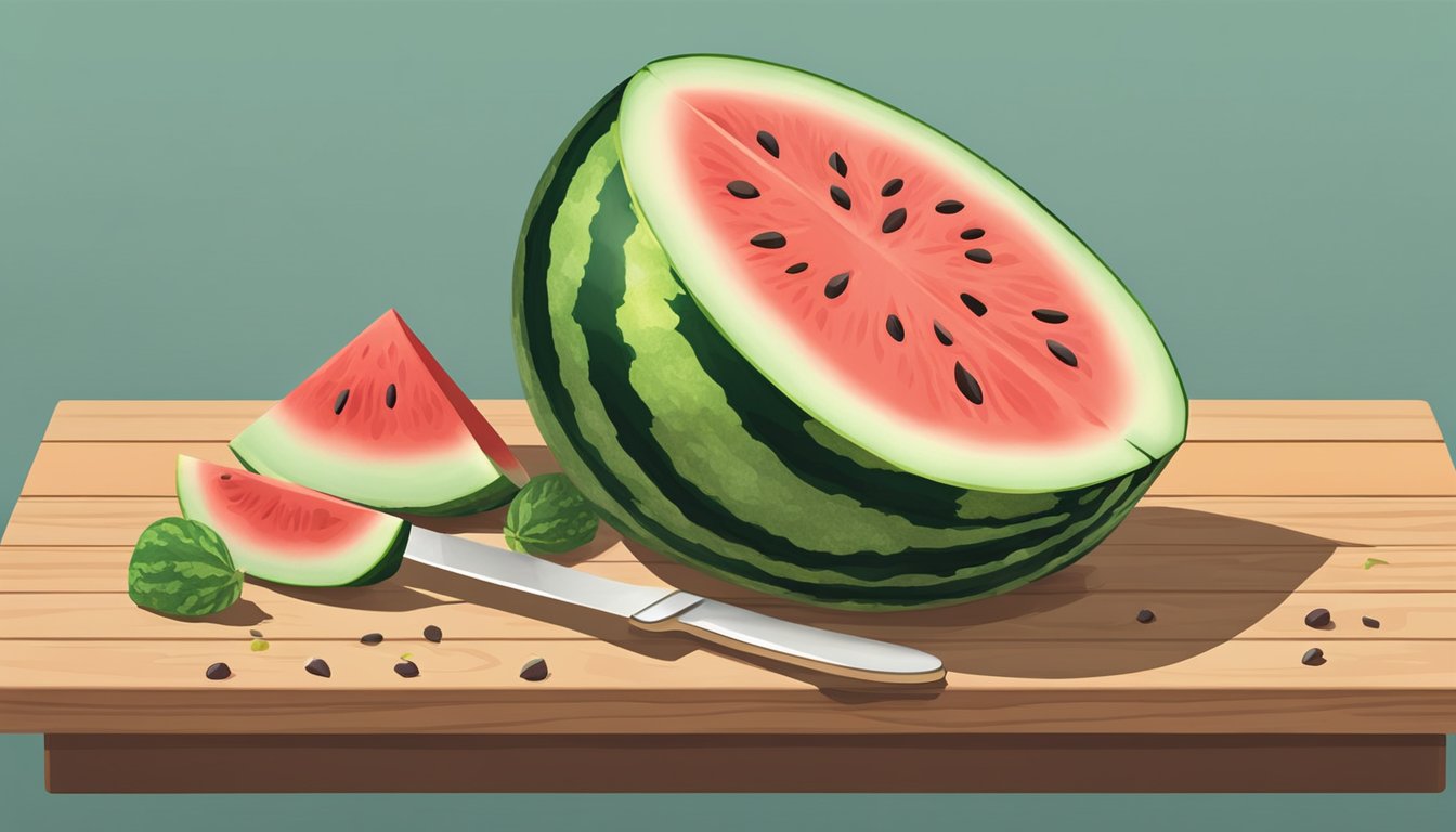 A watermelon being cut in half with a sharp knife on a wooden cutting board. Seeds and juice visible