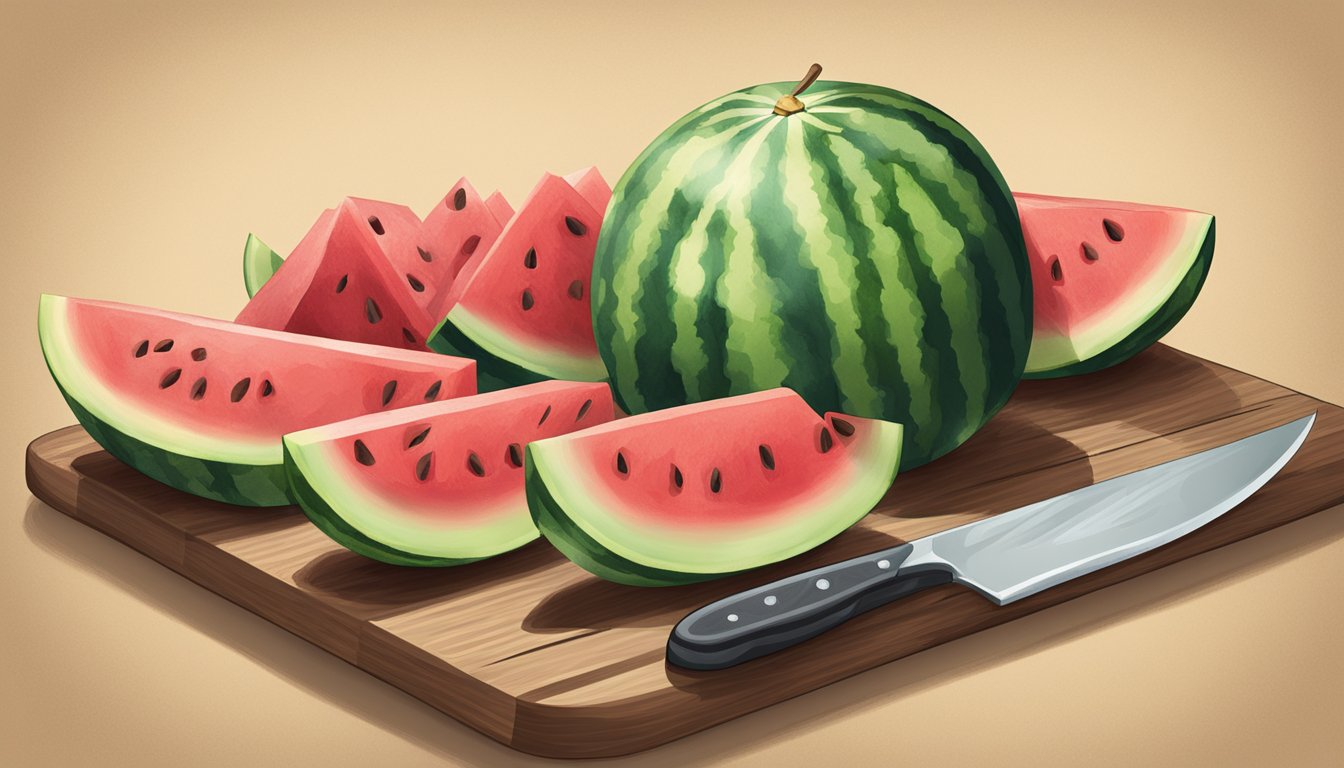 A watermelon being sliced into spears on a cutting board, with a knife and the rind nearby