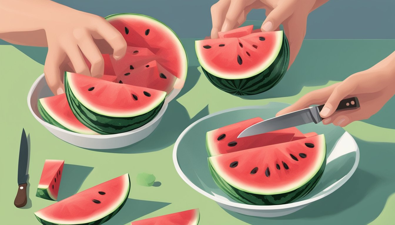 A hand reaching for a ripe watermelon, a sharp knife slicing through the fruit, and a pile of perfectly diced watermelon in a glass bowl