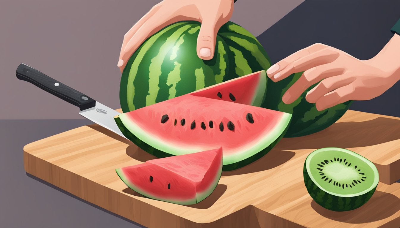 A watermelon sits on a cutting board next to a knife. A hand reaches to peel the green rind, revealing the pink flesh inside