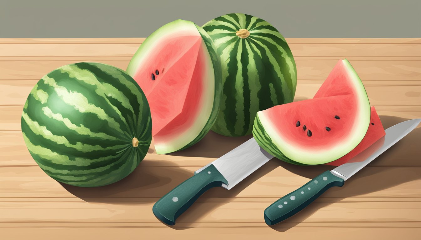 A watermelon on a cutting board with a knife, next to a bowl of peeled watermelon chunks