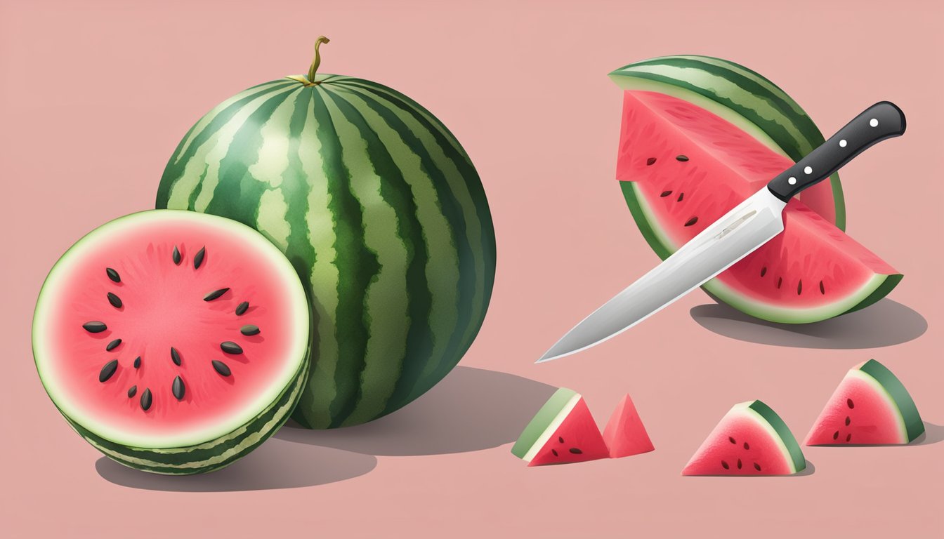 A watermelon being peeled with a knife, revealing the pink flesh and seeds inside. A nutritional profile chart of watermelon displayed next to it