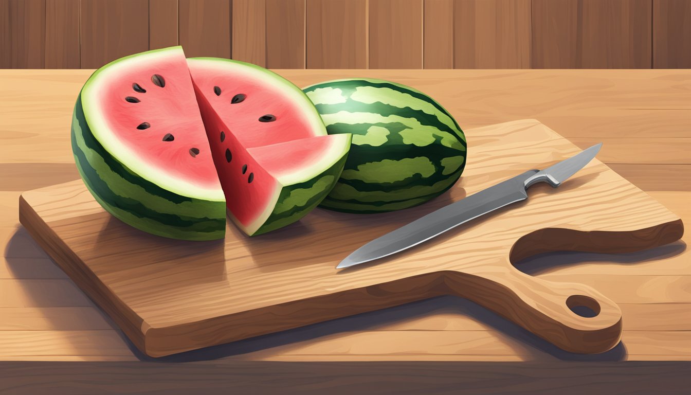 A large watermelon on a wooden cutting board with a knife beside it