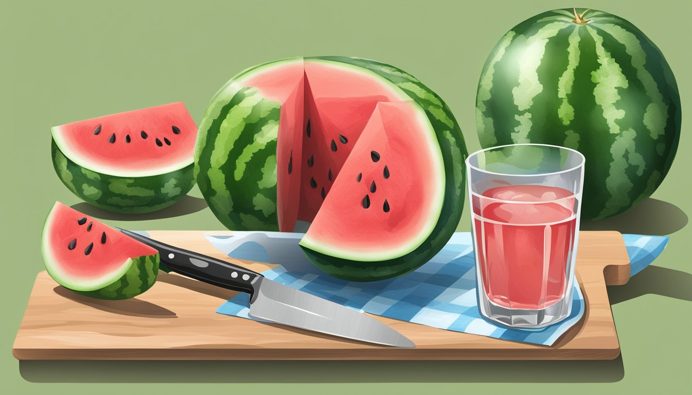 A watermelon sits on a cutting board, surrounded by a knife, a bowl of diced watermelon, and a glass of water