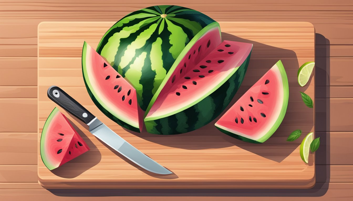 A ripe watermelon sits on a cutting board. A chef's knife slices through the green rind, revealing the juicy pink flesh inside