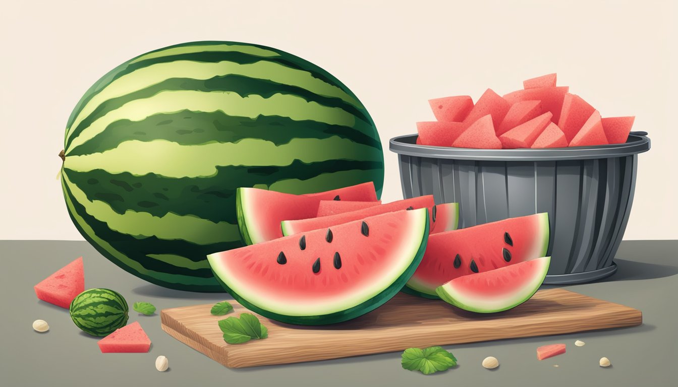 A watermelon being carefully peeled and sliced, with seeds and rind discarded in a compost bin