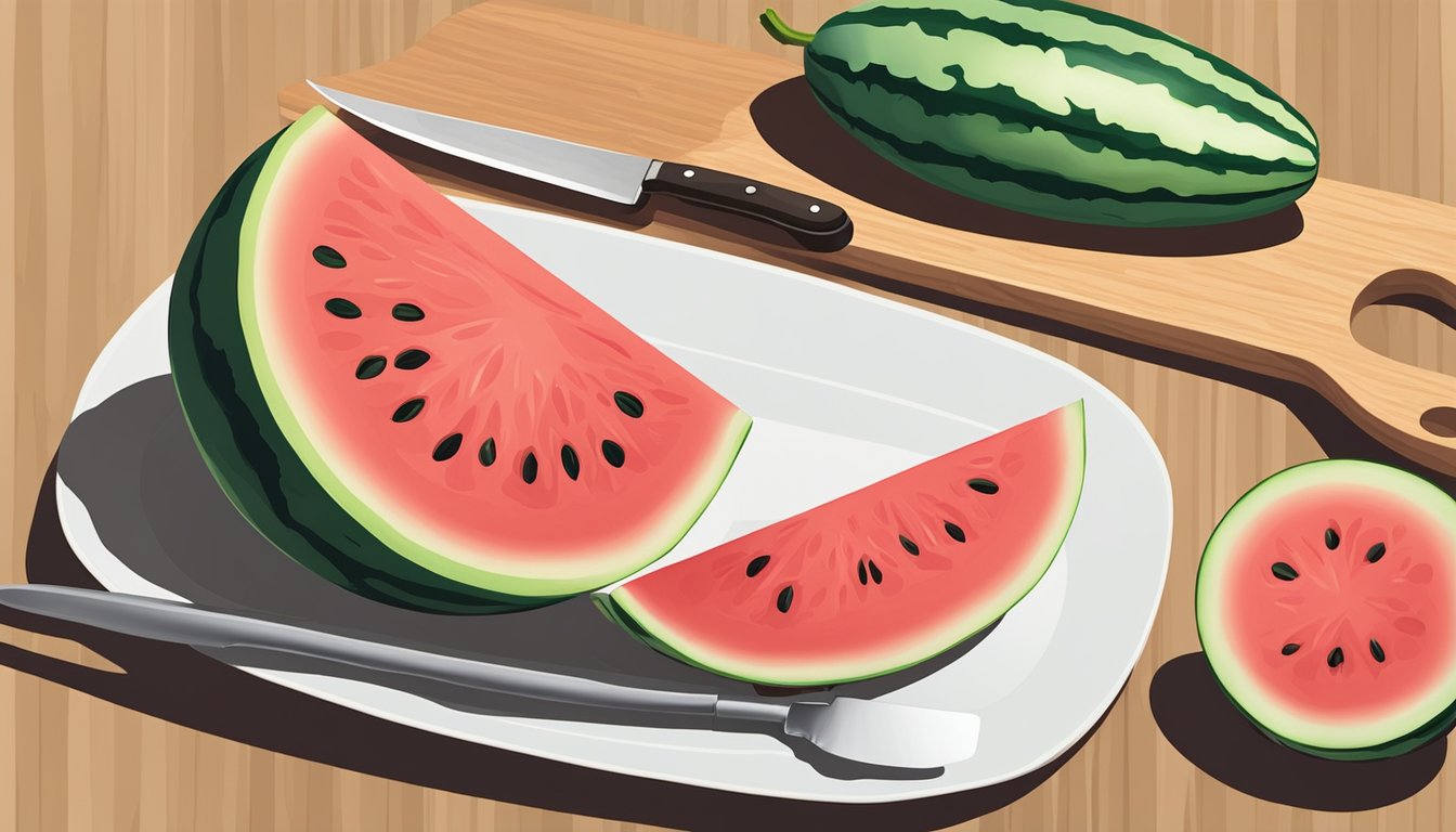 A watermelon on a cutting board with a knife beside it, sliced into wedges and arranged on a plate