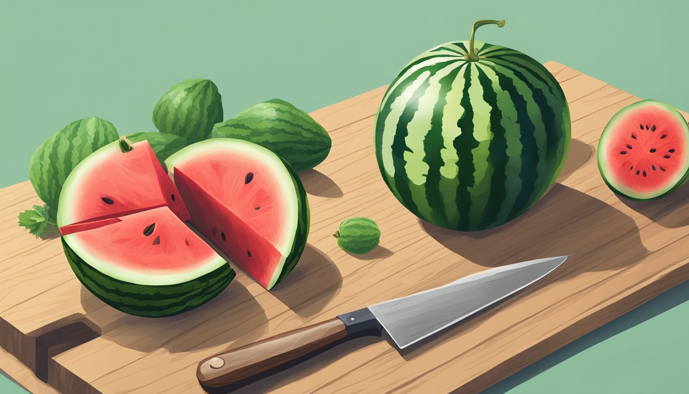 A watermelon being cut into slices on a wooden cutting board with a knife beside it