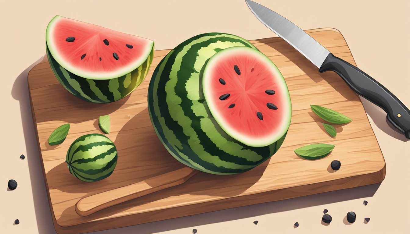 A watermelon being cut into spears on a wooden cutting board with a knife beside it, surrounded by scattered watermelon seeds