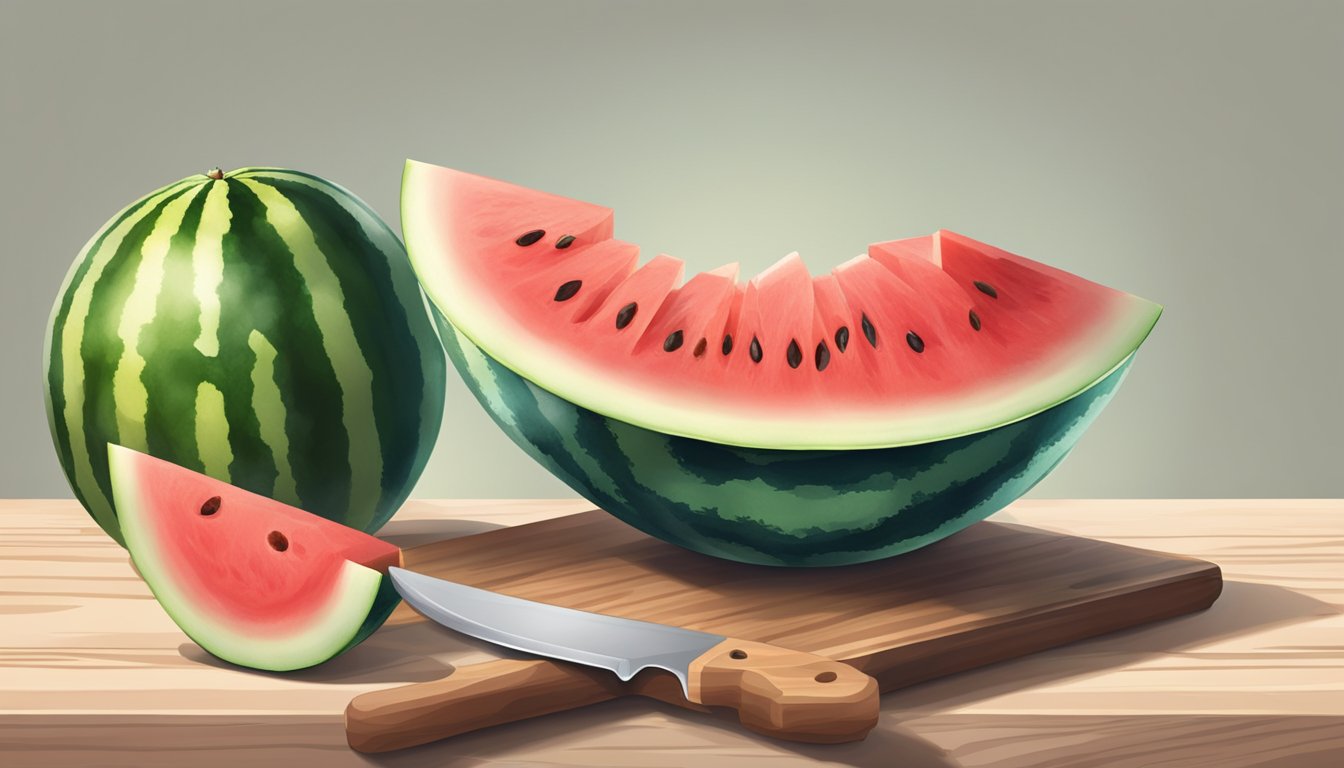 A sharp knife slicing through a ripe watermelon, with a cutting board and a bowl of diced fruit nearby