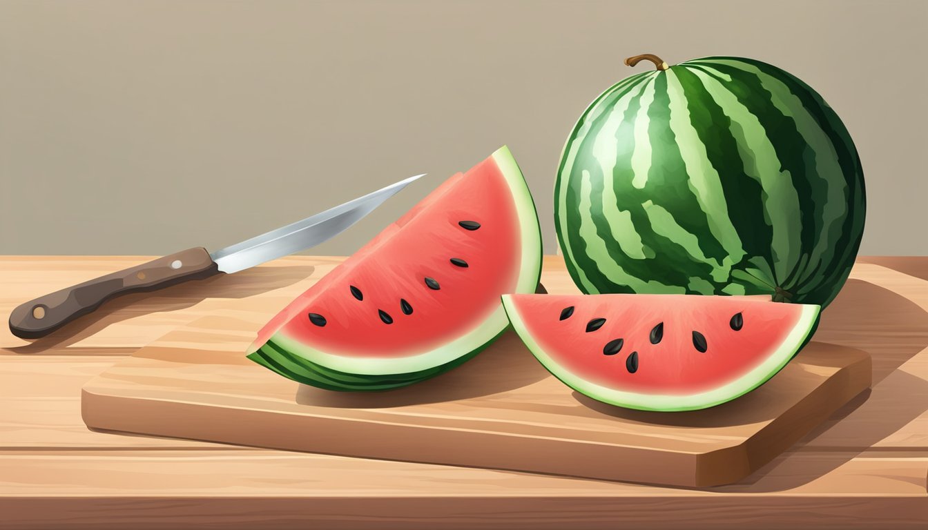 A watermelon sits on a cutting board. A knife slices through the fruit, creating triangle-shaped pieces. The pieces are arranged neatly on a plate for serving