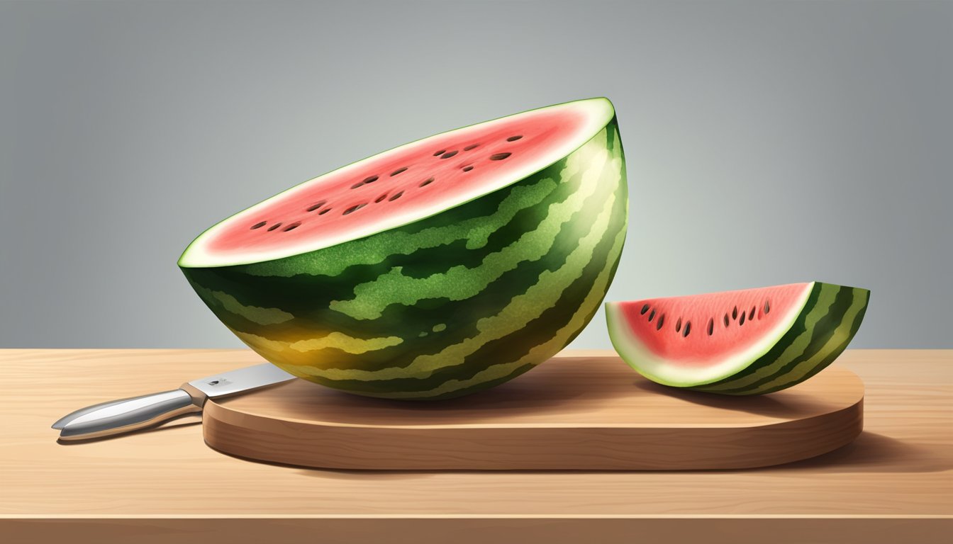 A watermelon sits on a wooden cutting board. A knife cuts through the fruit, creating triangular slices. Juice glistens on the surface