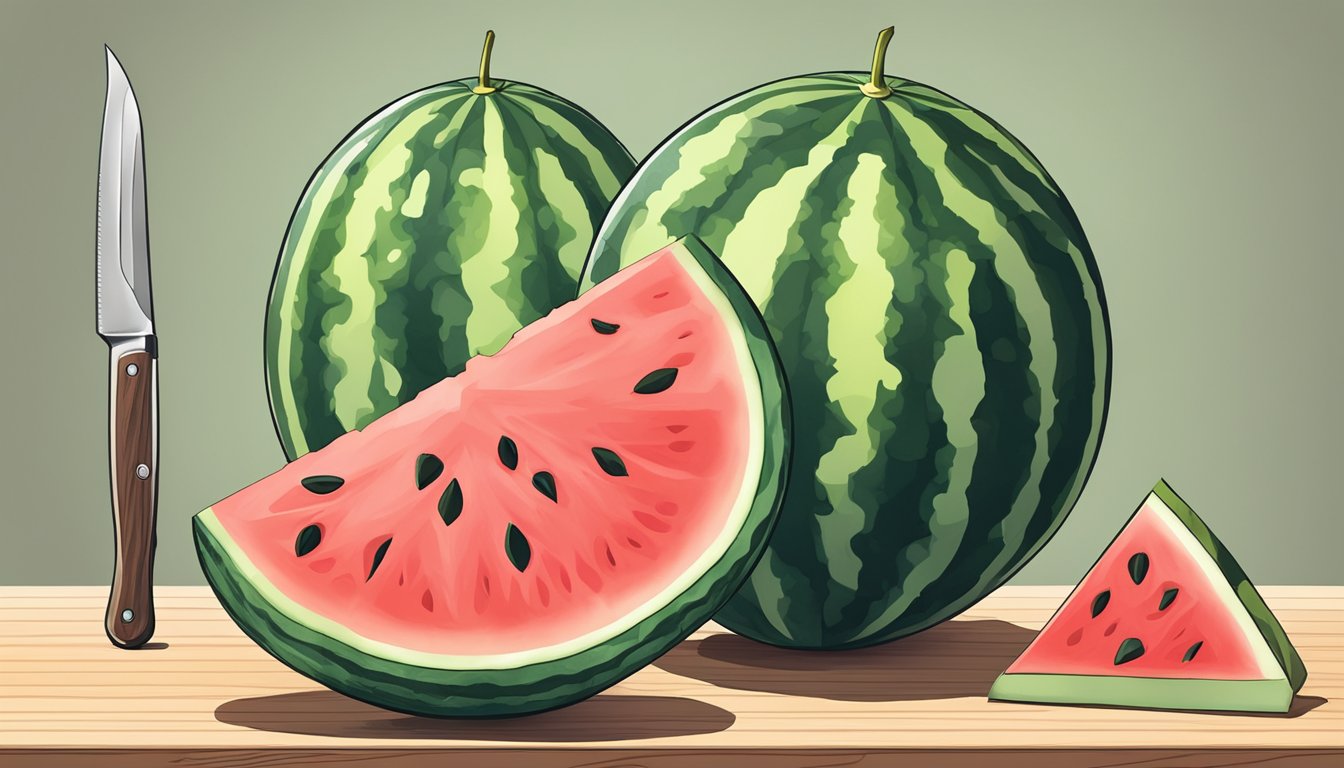 A watermelon sits on a cutting board, surrounded by a knife and triangular slices