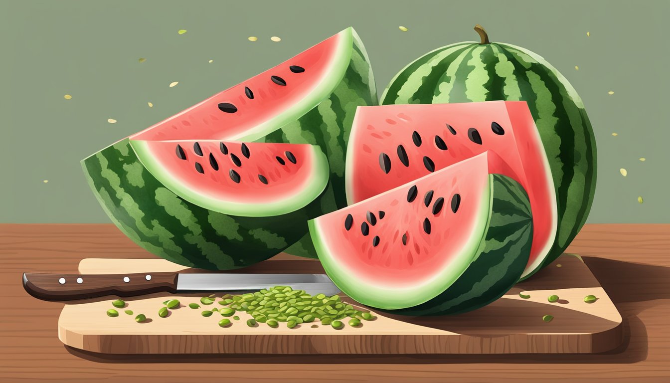 A watermelon being sliced into wedges on a wooden cutting board, with a knife and scattered seeds