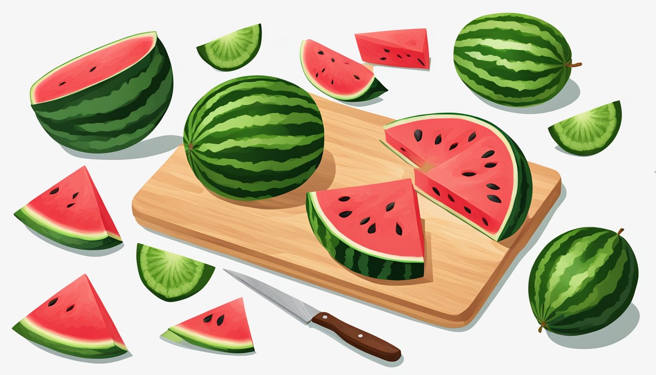 A watermelon being cut into triangle slices on a cutting board