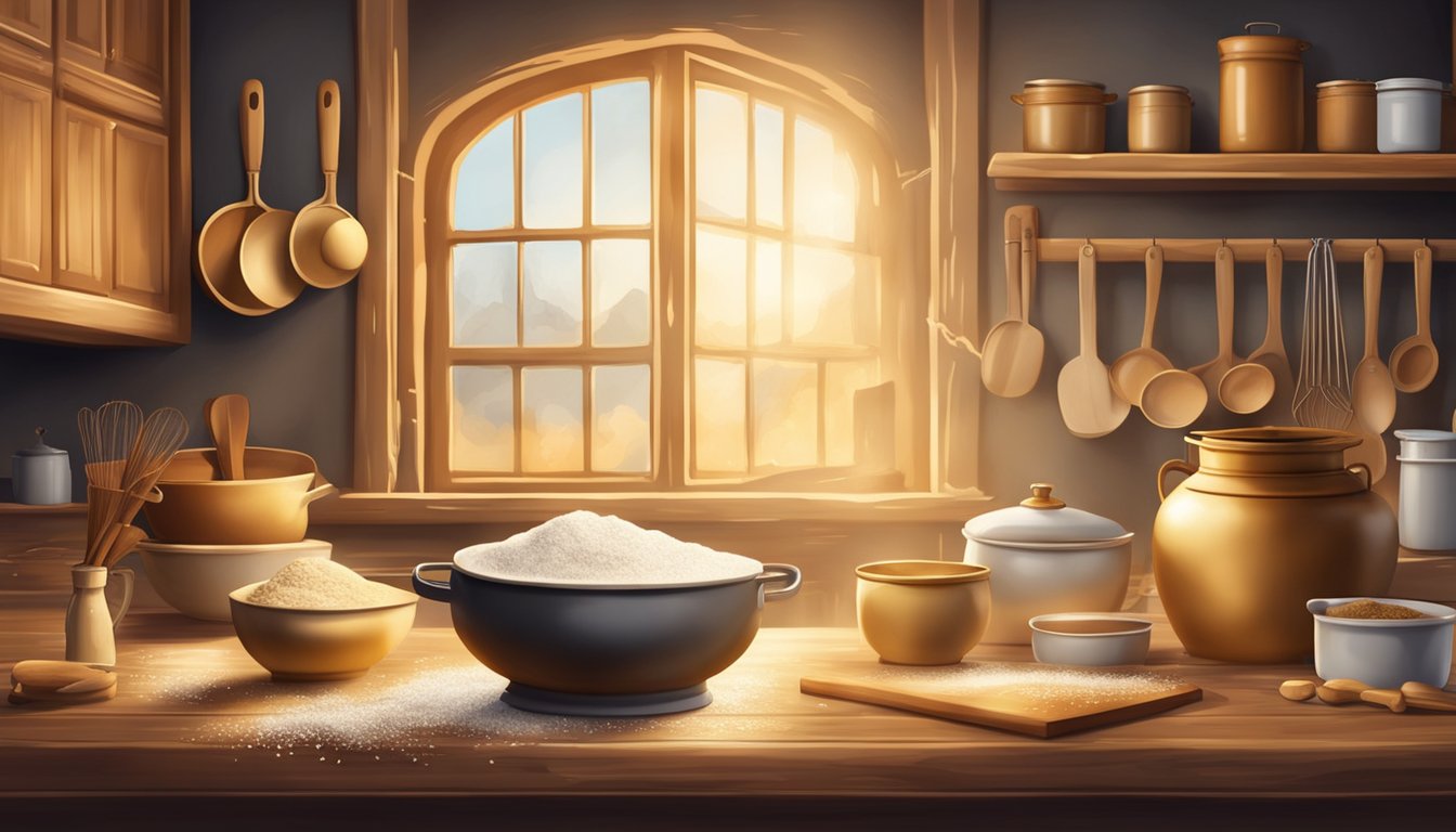 A rustic kitchen with a wooden table covered in flour, yeast, and various kitchen tools. A warm oven emits a golden glow in the background