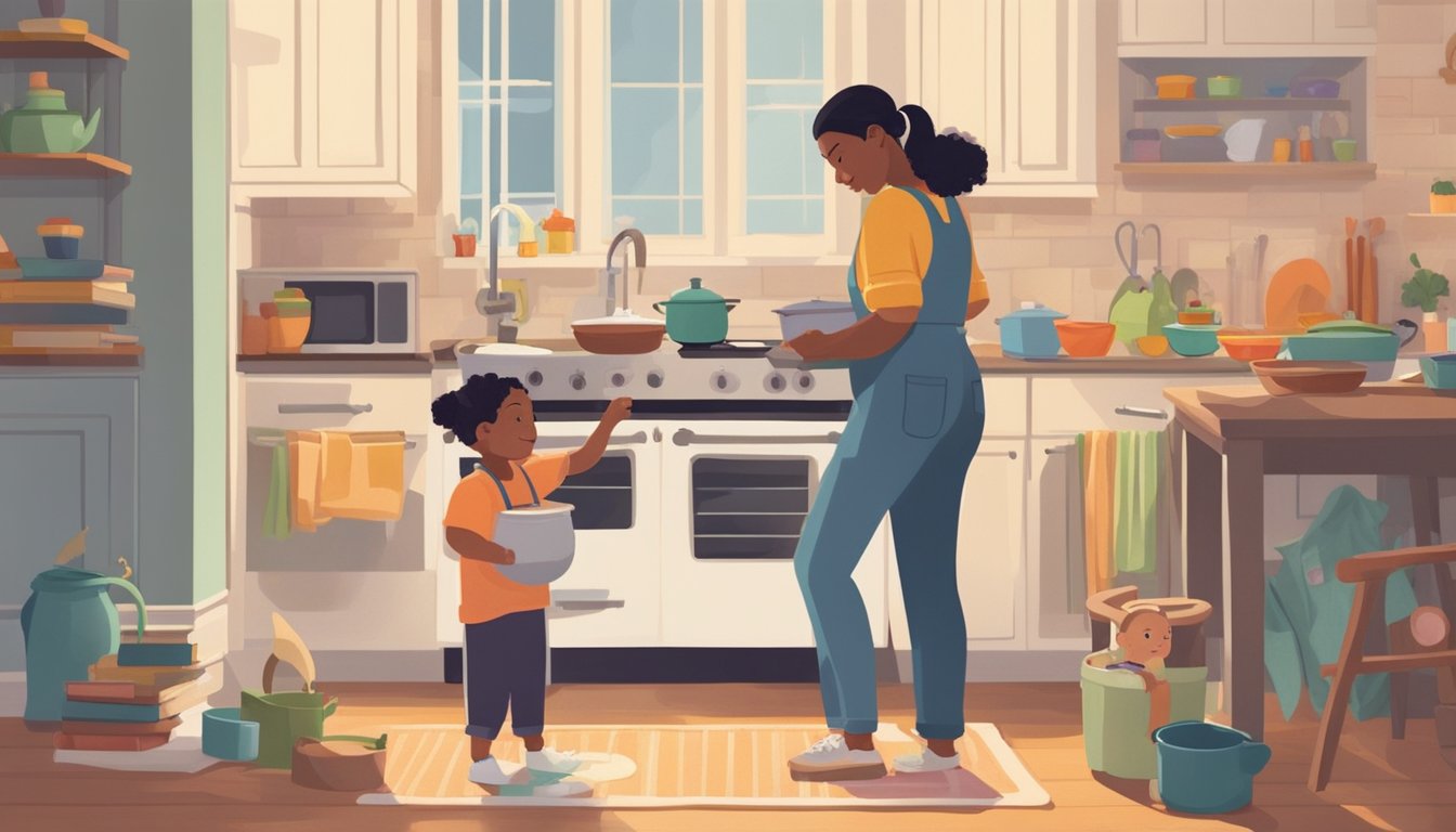 A parent stands at the stove, stirring a pot with one hand while holding a baby in a carrier with the other. Toys and children's books are scattered on the floor