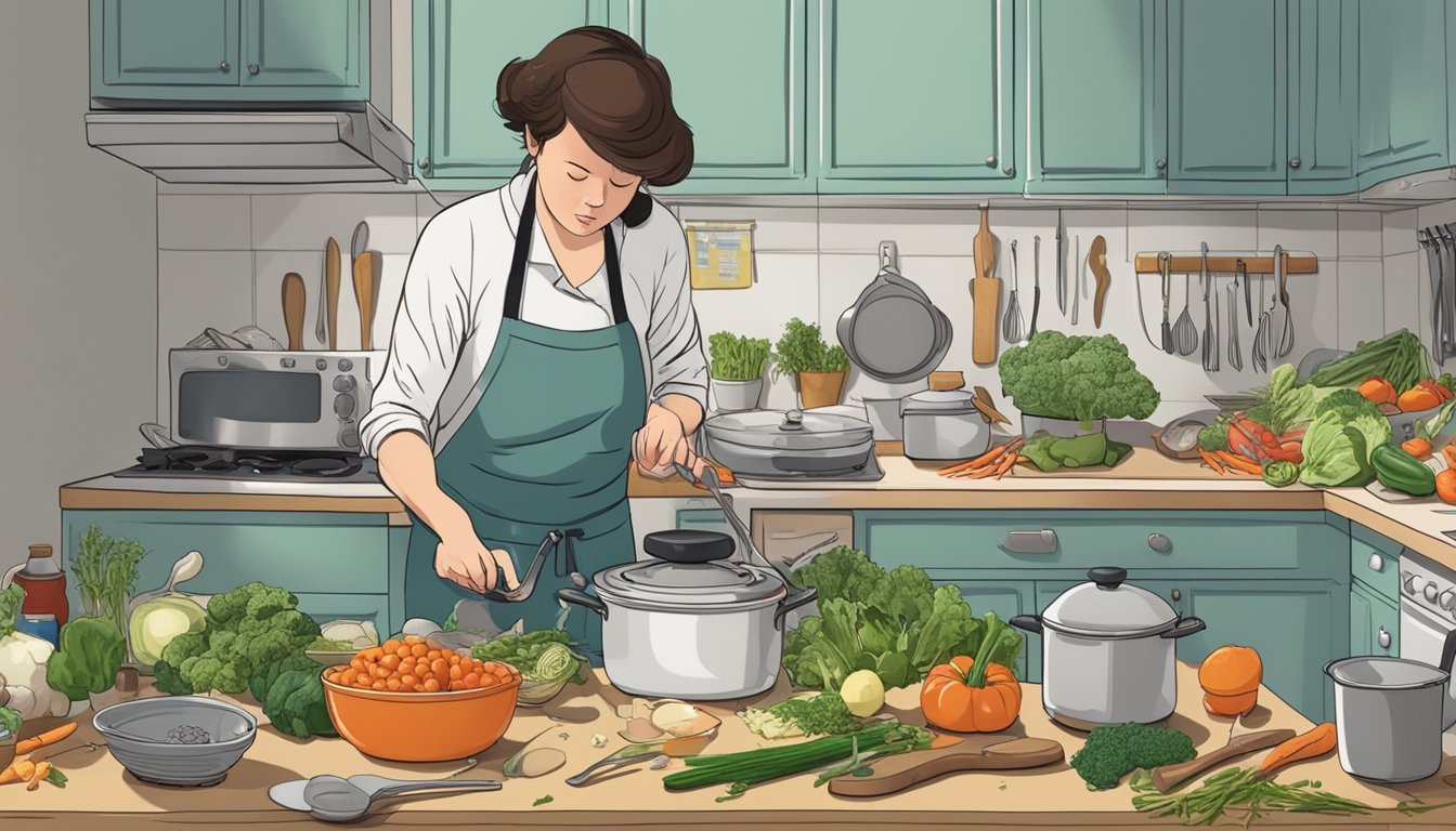 A cluttered kitchen with scattered utensils, a pot boiling over, and a person wincing in pain while trying to chop vegetables