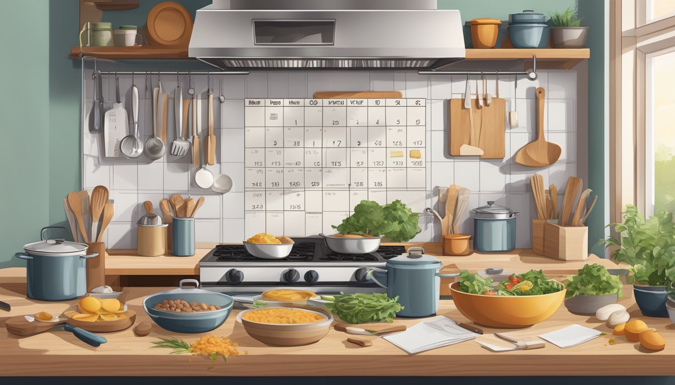 A busy kitchen with a stovetop, cutting board, and various ingredients scattered across the counter. A calendar on the wall shows appointments and activities for the week