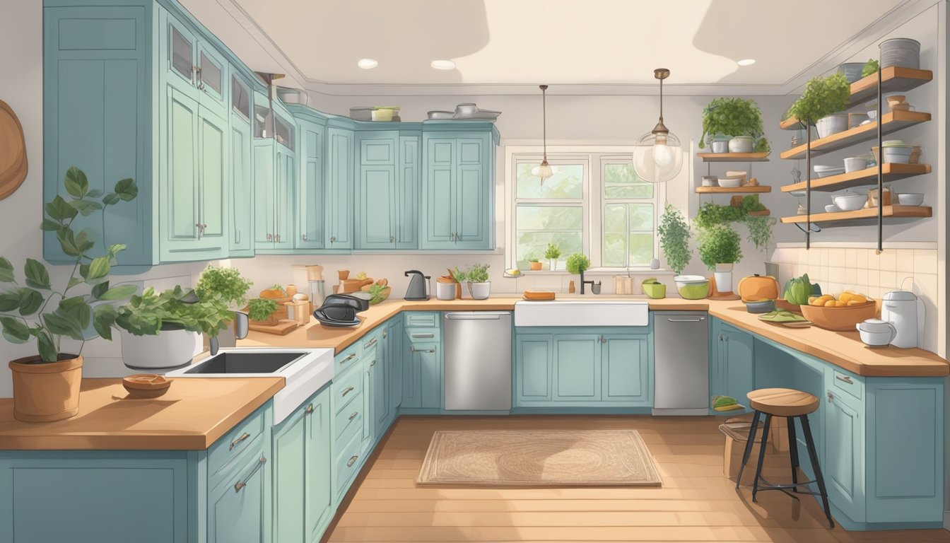 A cozy kitchen with accessible tools, ergonomic seating, and easy-to-reach ingredients for cooking with chronic pain