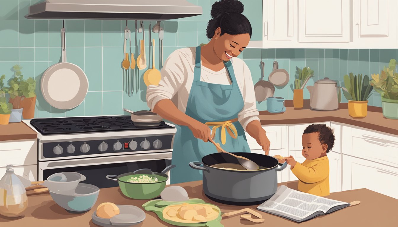 A parent stirring a pot on the stove while holding a baby on their hip, with toys scattered on the floor and a cookbook open on the counter