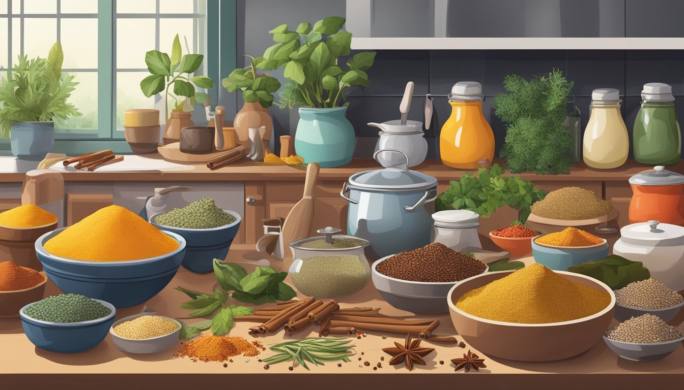 A kitchen counter cluttered with an array of colorful spices and herbs, alongside various cooking utensils and pots, as a child's toy sits nearby