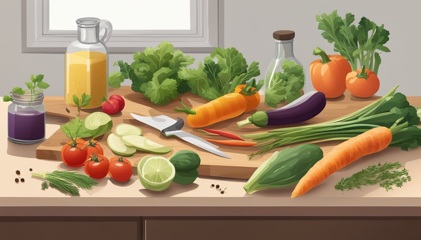 A variety of fresh ingredients laid out on a clean countertop, including colorful vegetables, herbs, and spices, with a cutting board and knife nearby