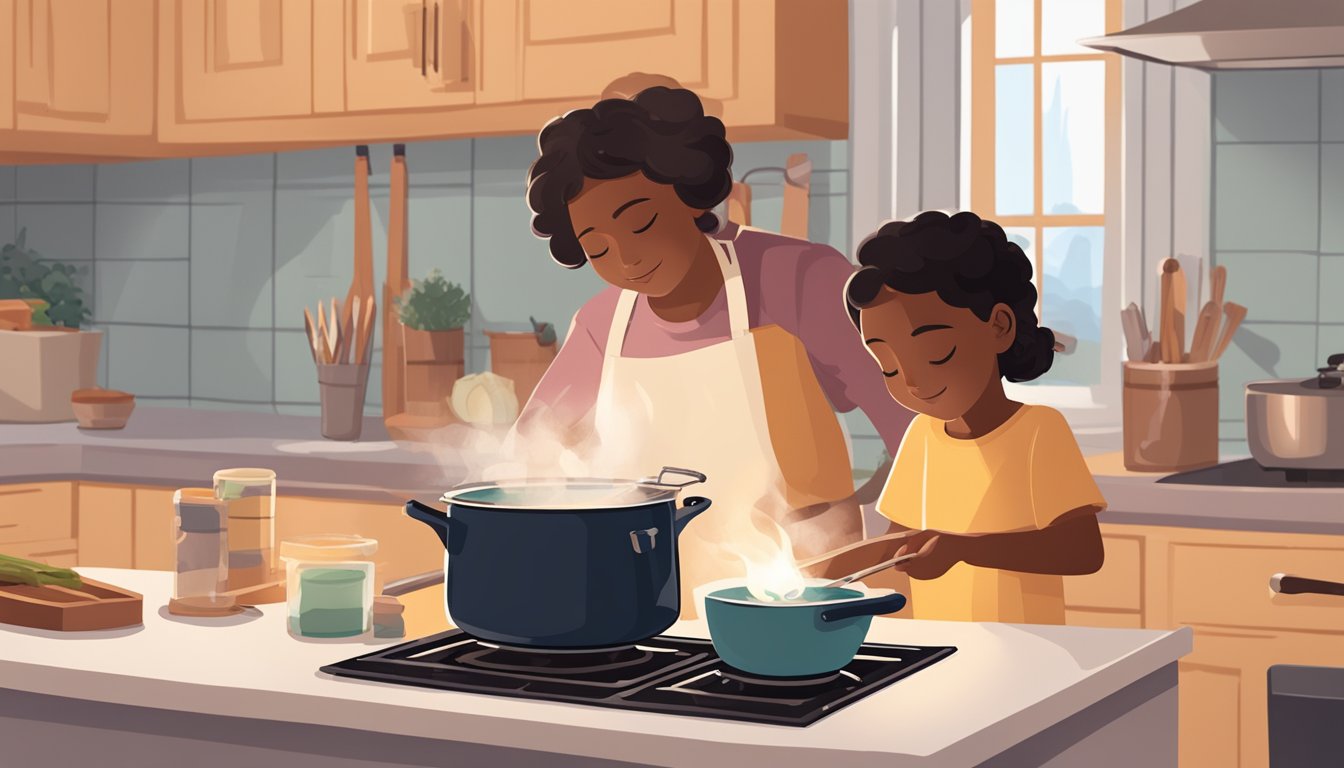 A person stirring a pot on the stove while a child plays nearby, surrounded by calming candles and a mindfulness journal