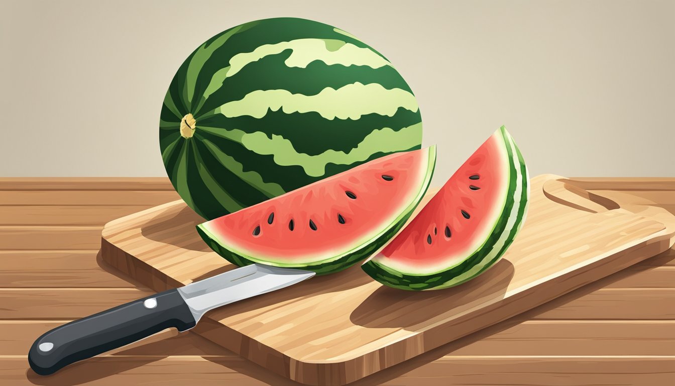 A watermelon being cut into decorative shapes with a knife on a wooden cutting board