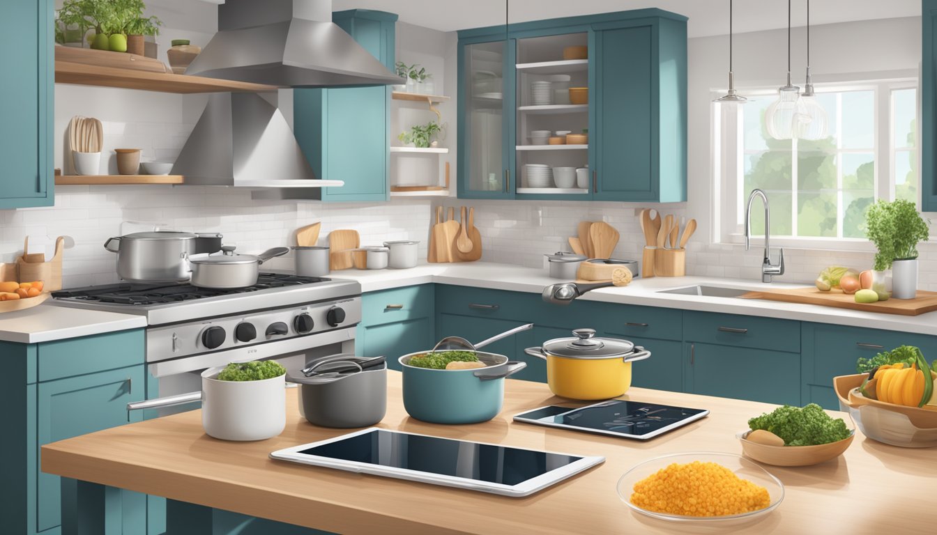 A kitchen with accessible tools and devices for cooking, including a tablet displaying step-by-step instructions, and a delivery service dropping off pre-prepared ingredients