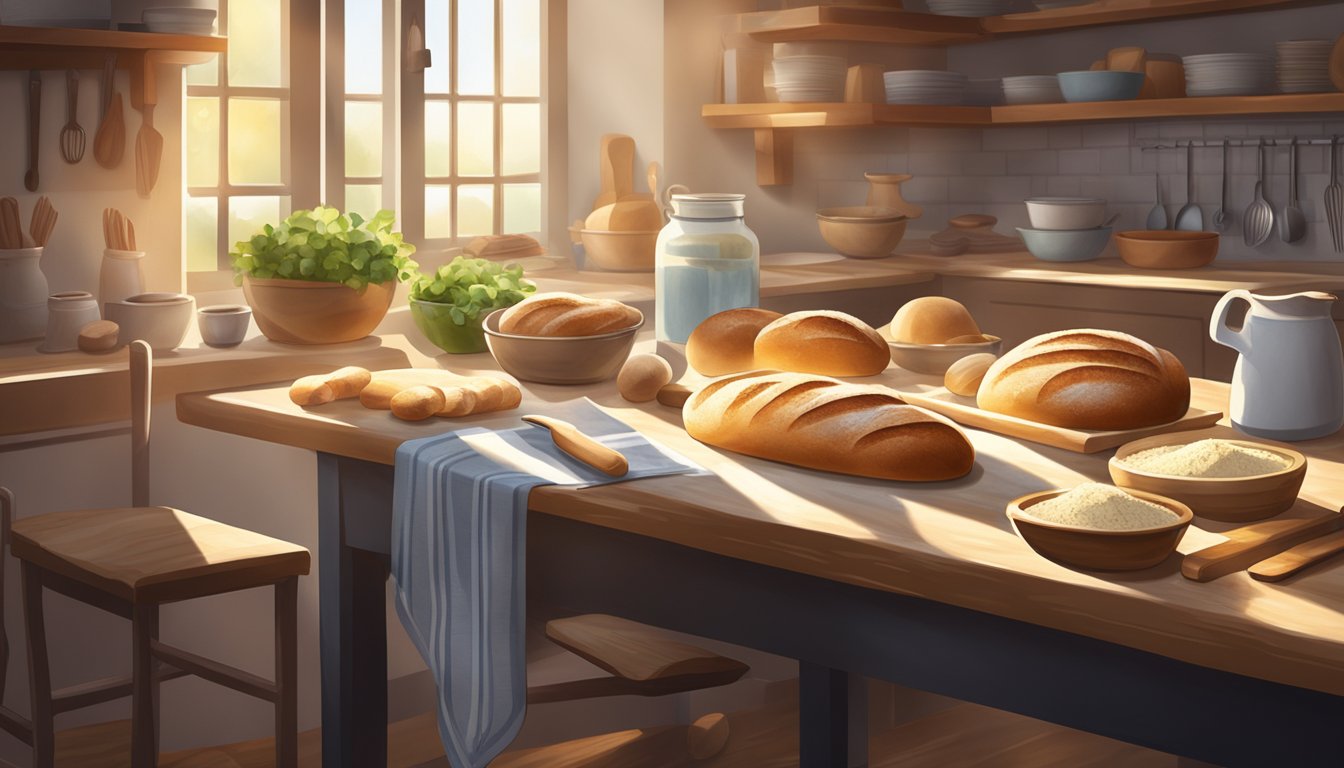 A cozy kitchen with a rustic wooden table, filled with baking tools and ingredients. Sunlight streams in through a window, illuminating a flour-dusted countertop and a freshly baked loaf of bread cooling on a wire rack