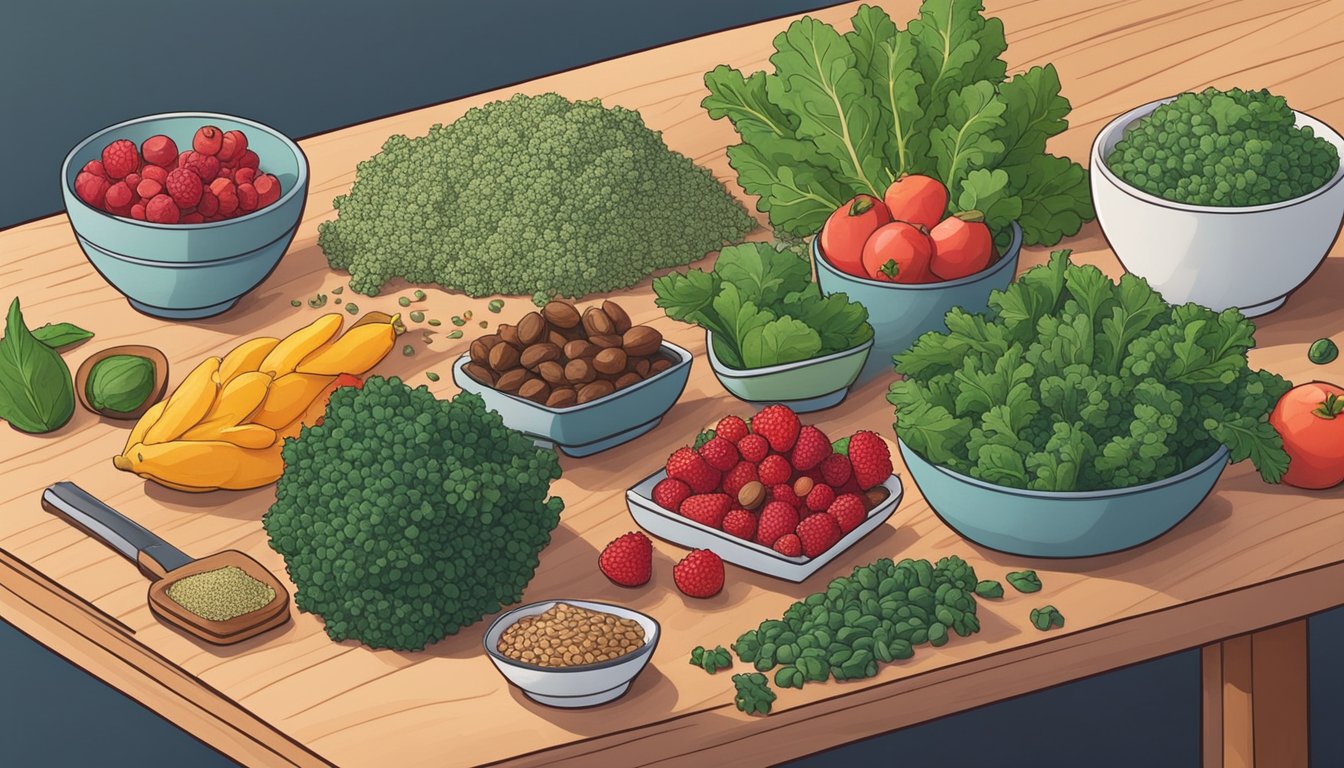 A colorful array of fresh superfoods, such as kale, quinoa, berries, and nuts, laid out on a clean kitchen counter next to a cutting board and knife