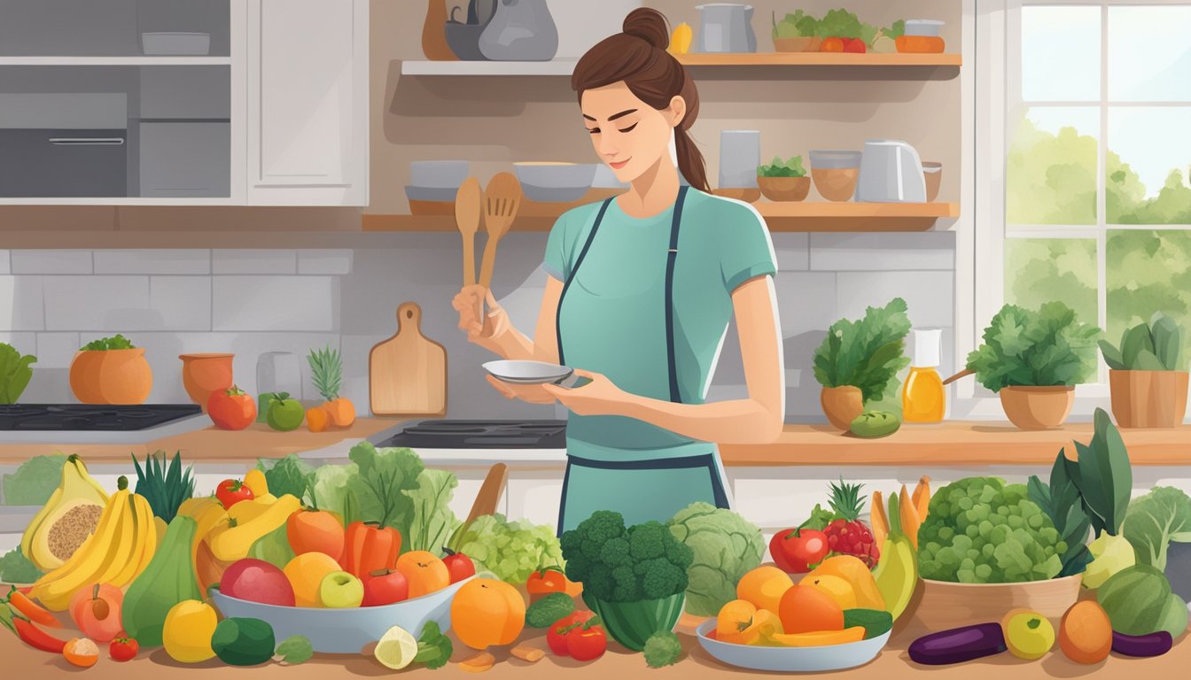 A person cooking in a kitchen filled with a variety of fresh fruits, vegetables, and alternative ingredients, carefully following a personalized eating plan for their food intolerances