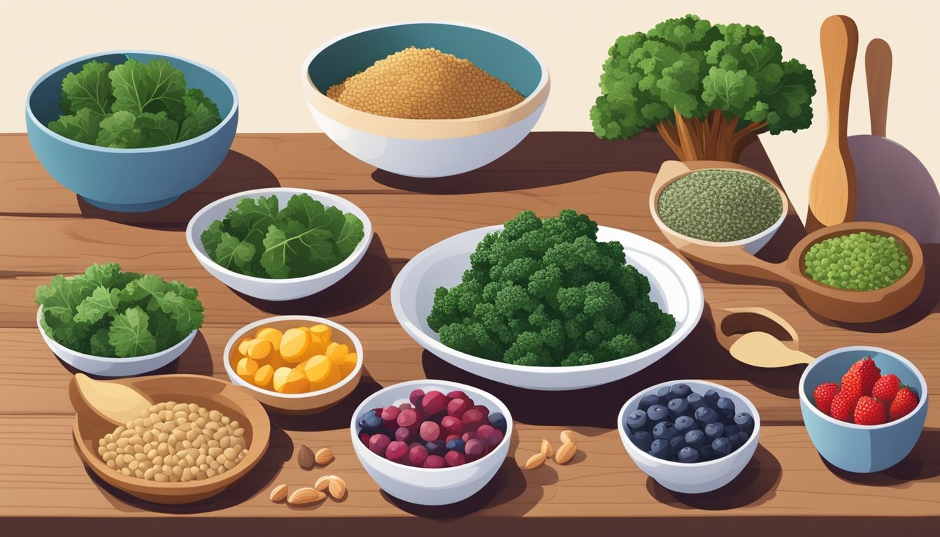 A colorful array of superfoods, such as kale, quinoa, berries, and nuts, arranged on a wooden cutting board next to a variety of cooking utensils and pots